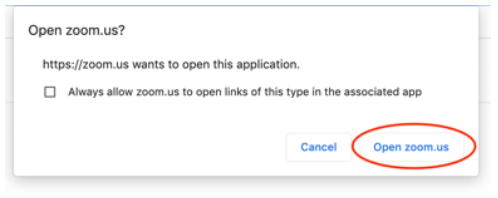 Zoom prompt to open the Zoom desktop application